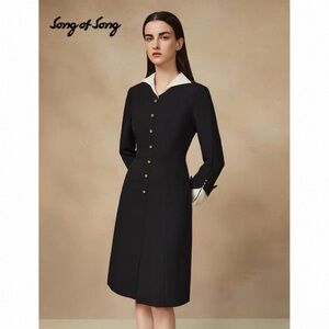 Black Long-Sleeve Button Decor Front A-Line Dress with Contrast Collar & Cuff
